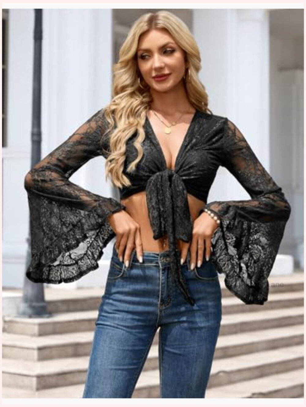 Flowy Lace Bell Sleeve Crop Top Boho Tie Front Blouse Rave Festival Hippie - Picture 2 of 7